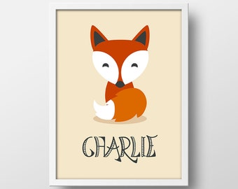 Fox Woodland Nursery Decor - Personalized Fox Art Print - Baby Name Decor - Fox Print 8x10 11x14 16x20 - Modern Nursery - Custom Fox Print