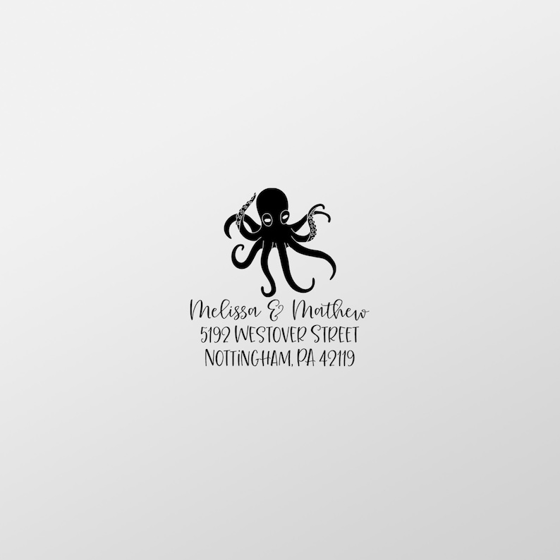 May include: Black and white illustration of an octopus with the text "Melissa & Matthew 5192 Westover Street Nottingham, PA 42119"