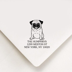 Regalo para amantes de los perros, sello de dirección con diseño de carlino, regalos para amantes de los carlinos, sello personalizado, sello autoentintable con diseño de dirección de carlino, regalo de inauguración de casa, regalo para agentes inmobiliarios
