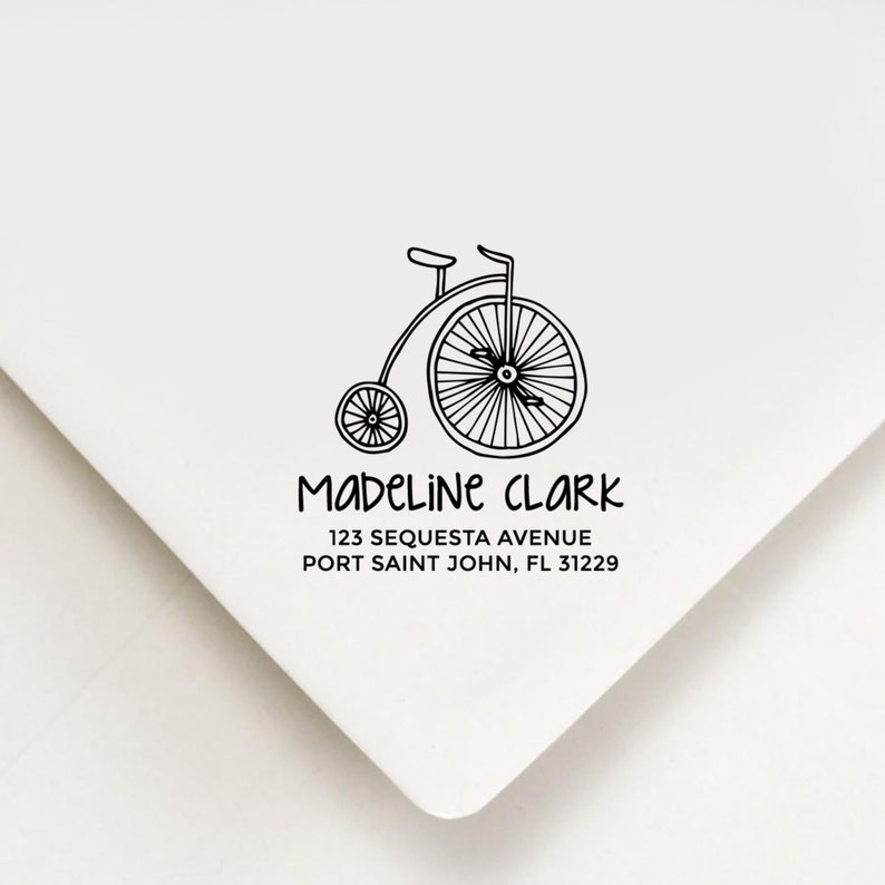Unicycle Return Address Stamp, Self Inking Stamp, Garden Address Stamp, Custom Address Stamp, Housewarming Gift, Realtor Gift, Bicycle Gift image 1
