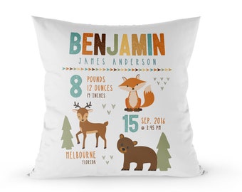 woodland birth announcement pillow, woodland baby announcement keepsake newborn gift, new baby gift, birth stats pillow, personalized pillow