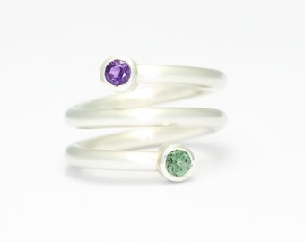 Coiles ring Duet - tourmaline and amethyst