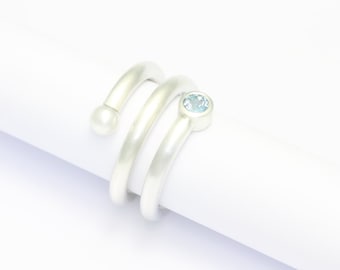 Coiled ring Duet - aquamarine and pearl