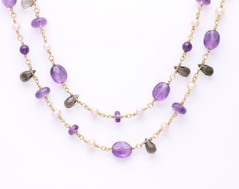 Rose gold necklace with amethyst and smoky quartz