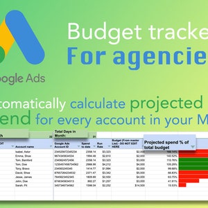 May include: A spreadsheet with a green and yellow Google Ads logo in the top left corner. The spreadsheet is a budget tracker for agencies. The spreadsheet has columns for day in month, account name, Google Ads account ID, spend to date, run rate, budget, and projected spend % of total budget. The spreadsheet has rows for different accounts with names like Noah, Lucas, and William.