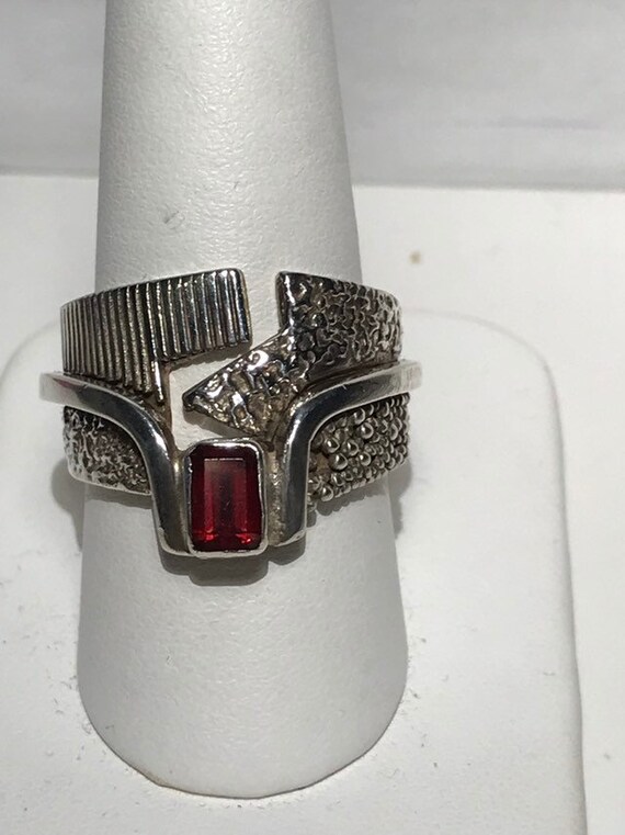 Brutalist Sterling Silver Garnet Ring Size 9
