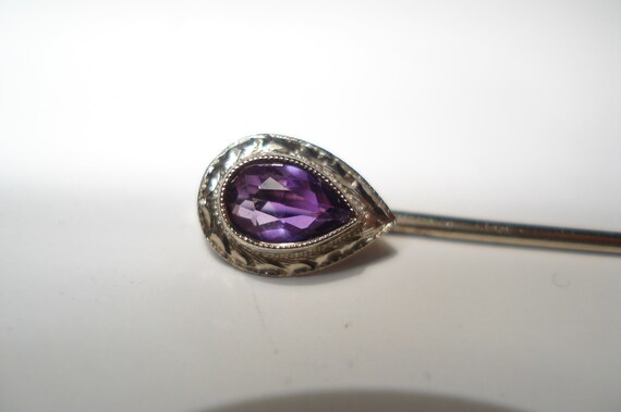 Antique 14kt White Gold Teardrop Amethyst Stick Pi