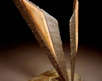 Iron Flight - Iron Cast Sculpture with Box Elder Wood Elements on a Stone Base