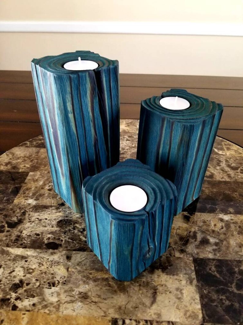 Wood Candle Holders Teal Candle Holders Candle Holders Etsy
