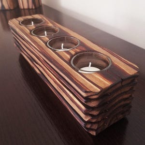 Shou Sugi Ban Wood Candle Holder, 4-Votive Rustic Luxury Centerpiece