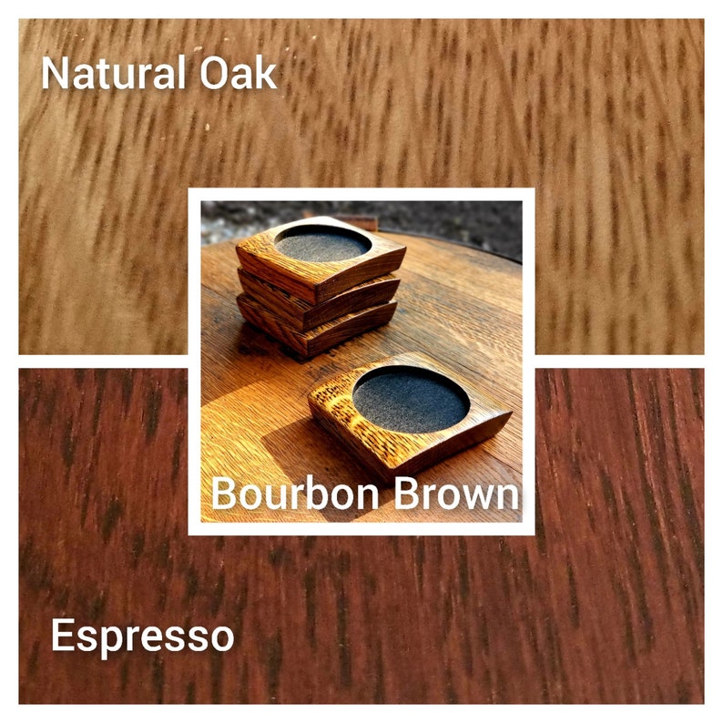 May include: Four wooden coasters in three different shades of brown: natural oak, bourbon brown, and espresso. The coasters are square with rounded edges and have a small circular indentation in the centre.