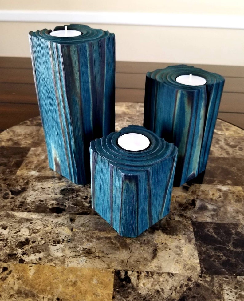 Wood Candle Holders Teal Candle Holders Candle Holders Etsy