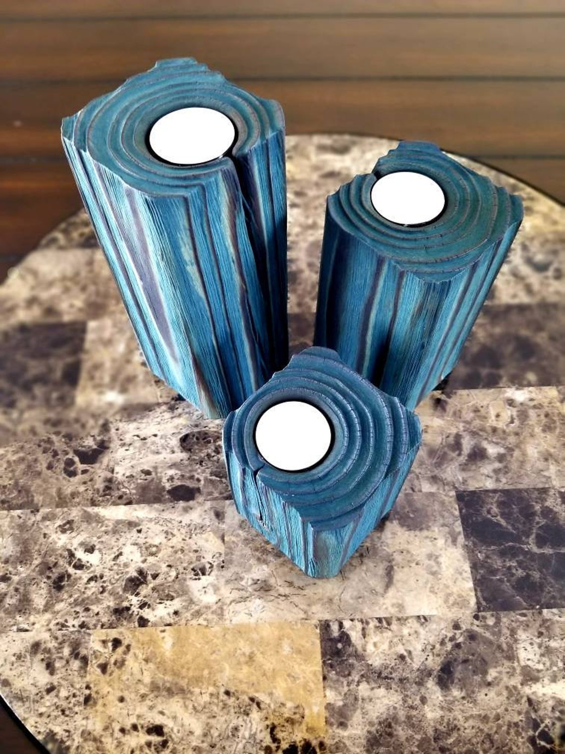 Wood Candle Holders Teal Candle Holders Candle Holders Etsy