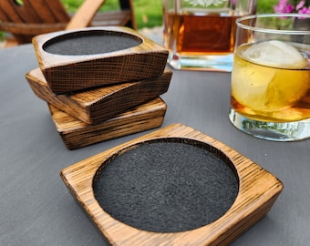 Bourbon Barrel Coasters | Rustic Oak Whiskey Gifts for Him