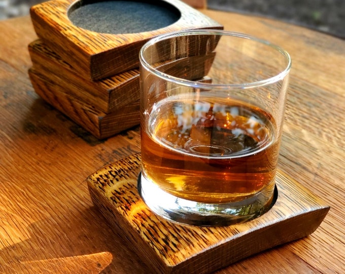 Rustic Oak Bourbon Barrel Coasters, Whiskey Gift Set