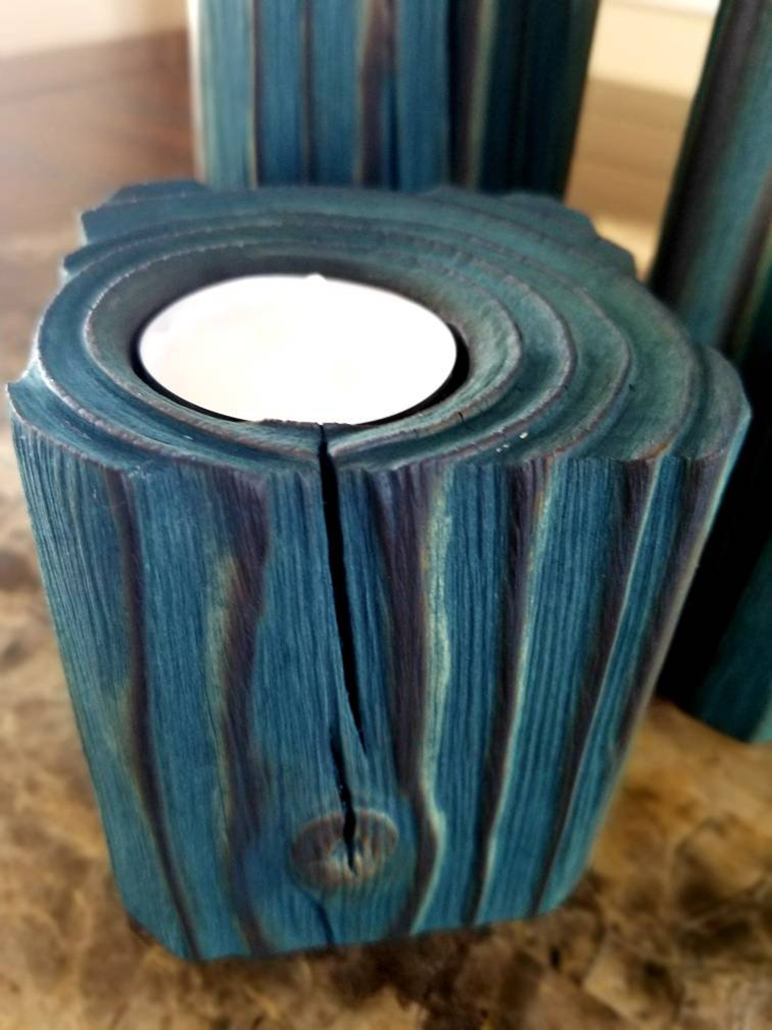 Wood Candle Holders Teal Candle Holders Candle Holders Etsy