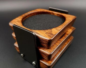 Handmade Bourbon Barrel Coaster Set with Holder, Authentic Oak Whiskey Coasters