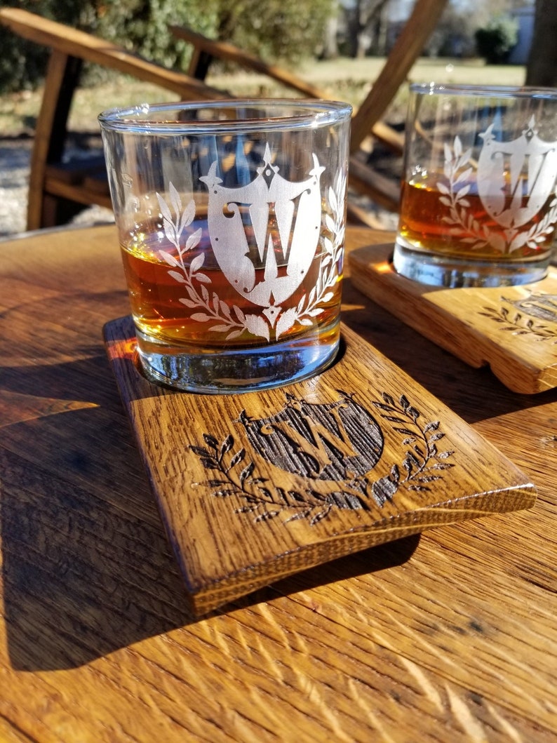 Engraved barrel coaster Bourbon gifts for him Whiskey coaster Engraved whiskey glass Whiskey gift Bourbon gift Birthday gift Groomsman Gift image 1