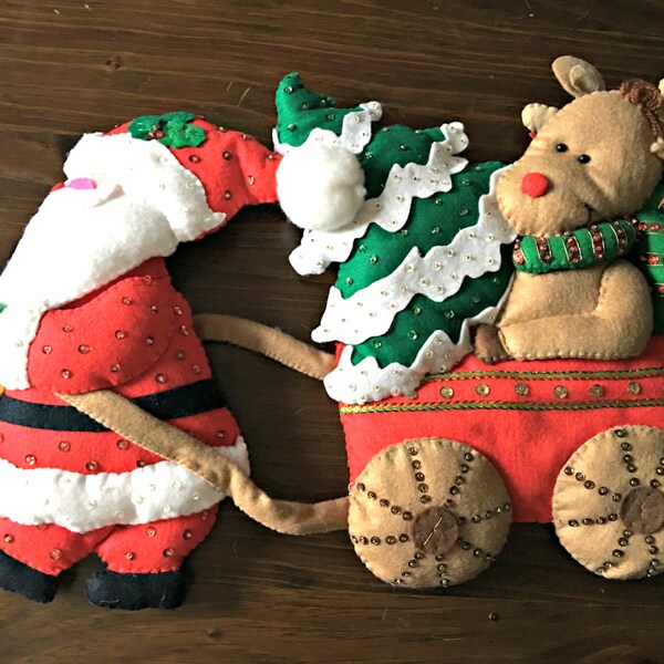 Santa Pulling Rudolph in Cart - Handmade Stuffed Felt Christmas Decor