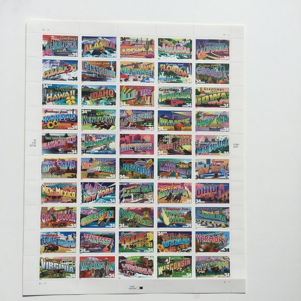 USA Stamps - Greetings from America, Sheet of 50 34-Cent State Stamps, 2002