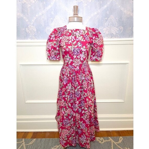 Laura Ashley, Vintage 80s/90s Laura Ashley Floral Puff Sleeve Square Neck Cottagecore Princess A-Line Tea Dress with Pockets Size 6