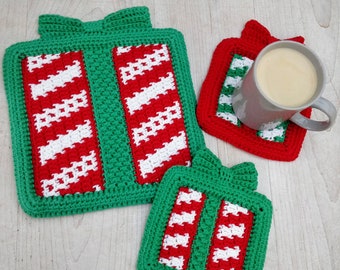 CROCHET PATTERN - Gift Box Coasters - Drinks Mat - Hot Pad - Simple Overlay Mosaic Crochet