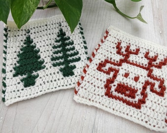 Crochet Pattern - Reindeer and Fir Motifs - Overlay Mosaic Crochet - Christmas