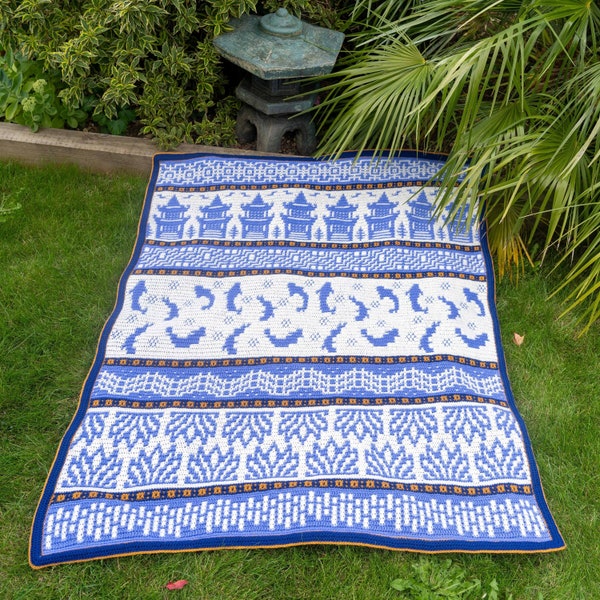 Crochet Pattern - Overlay Mosaic Crochet - In A Japanese Garden - Easy - Willow Pattern - Tea House - Koi Carp - Ornate Design