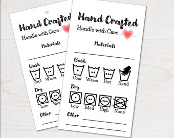 Printable Laundry Cards Tags for Fabric Yarn Fibre Projects - Mark Up Care Instructions - 10 per page - Cute Simple Red Heart