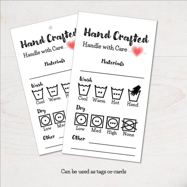 Printable Laundry Cards Tags for Fabric Yarn Fibre Projects - Mark Up Care Instructions - 10 per page - Cute Simple Red Heart