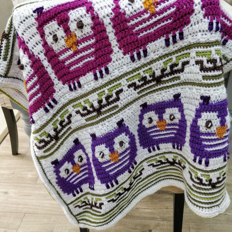 May include: A white crocheted blanket featuring a repeating pattern of purple and magenta owls. The owls have orange beaks and brown eyes. The blanket has a border with green and brown geometric designs.