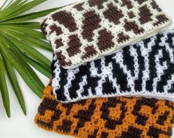 CROCHET PATTERN - Animal Print Pouch - Zebra Leopard Giraffe - Overlay Mosaic Crochet - Easy Fun Project - CPC507-P