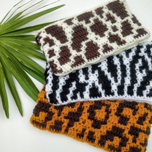 CROCHET PATTERN - Animal Print Pouch - Zebra Leopard Giraffe - Overlay Mosaic Crochet - Easy Fun Project - CPC507-P