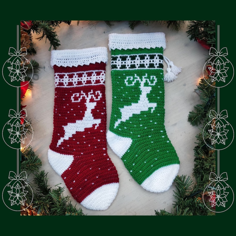 May include: Two crocheted Christmas stockings with white trim and reindeer designs. One stocking is red with white snowflakes and the other is green with white dots.