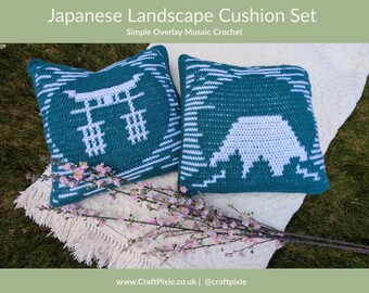 Japanse landschapskussenset - gehaakt patroon met overlay mozaïek - Simple Zen Japandi Feel - PDF Instant Download - ALLEEN PATROON