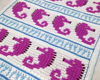 CROCHET PATTERN - Seahorse Serenade Blanket - Seahorse Crochet Baby Blanket - Overlay Mosaic Crochet - Intermediate Fun Project