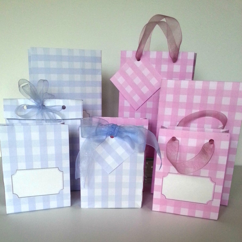 Printable Gingham Gift Party Bags Blue and Pink Instant PDF Download Template Tutorial Easy image 1