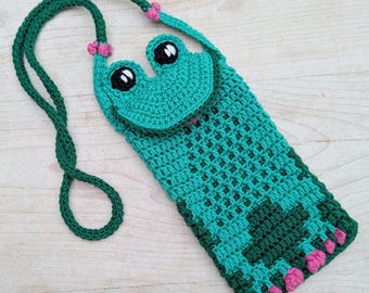 CROCHET PATTERN - Froggie Phone Pouch - Overlay Mosaic Crochet in the round - Easy Fun Project