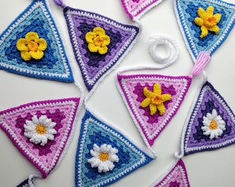 CROCHET PATTERN - 3D Wildflower Bunting - Flags Flowers Floral Stash Buster - Easy Fun Project - CPC520-P