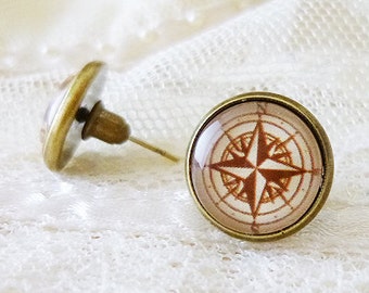 Compass Earrings, Compass Studs, Retro Compass, Nautical Compass, Nautical Earrings, Nautical Ship, Sea, Ocean, Marine, Traveling