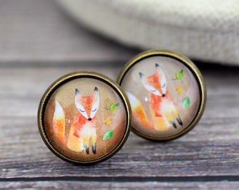 Fox Earrings, Red Fox Earrings, Fox Studs, Orange Fox, Cute Fox, Fox Jewelry, Fox, Watercolor Fox, Beige Earrings, Forest Animals, Wildlife