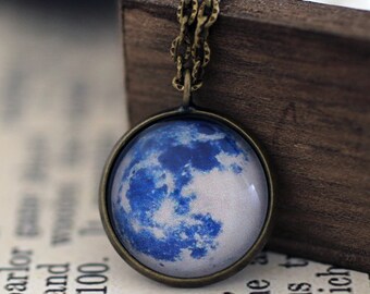 Blue Moon, Blue Moon Necklace, Blue Full Moon, Full Moon Necklace, Moon Jewelry, Moon, Space Necklace, Solar System, Galaxy Jewelry