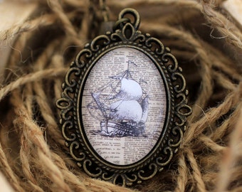 Retro schipketting, retro schip, nautische ketting, nautische hanger, reizigersketting, Tall Ship, mariene ketting, bootketting