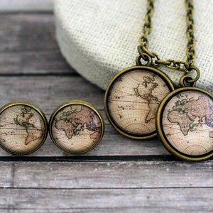 Monde carte collier, boucles d’oreilles carte du monde, monde carte, rétro, ensemble de carte de monde, Globe terrestre, Continents, carte Terre