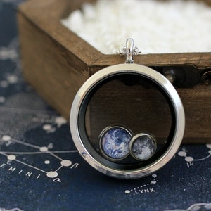 Earth, Moon, Earth and Moon, Earth and Moon Necklace, Earth Moon Locket, Earth Locket, Moon Locket, Solar System Necklace, Space Necklace