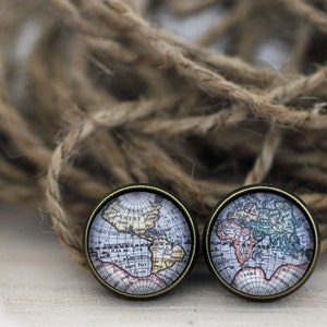 Pendientes del mapa del mundo, pendientes del mapa, pendientes del globo, pendientes del mapa del mundo antiguo, joyería del mapa, joyería del mapa del mundo, pernos del mapa, joyería de viaje