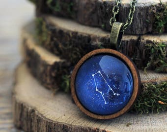 Gemini Necklace, Gemini, Gemini Constellation, Zodiac Necklace, Gemini Zodiac Pendant, Constellation Necklace, Wooden Necklace, Space