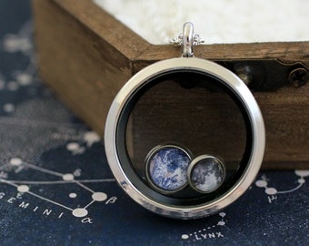 Earth, Moon, Earth and Moon, Earth and Moon Necklace, Earth Moon Locket, Earth Locket, Moon Locket, Solar System Necklace, Space Necklace