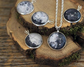 Birth Moon Necklace, Zodiac Necklace, Custom Moon, Custom Birth Moon and Zodiac, Moon Phase Necklace, Watercolor Moon, Zodiac Constellations