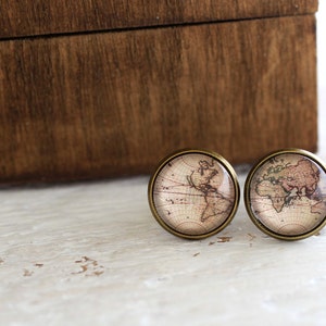 Retro-Weltkarte Ohrstecker, Weltkarte Ohrringe, Antike Landkarte, Retro-Weltkarte, Weltkarte, alte Weltkarte, Reisender, Kontinente, Globe